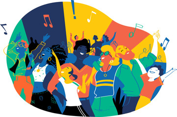 Group of people of different ages is happy to be together dancing and celebrating a special event. Happy family enjoy concert, music festival, party, show, performance, recital. Vector illustration