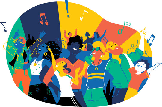 Group of people of different ages is happy to be together dancing and celebrating a special event. Happy family enjoy concert, music festival, party, show, performance, recital. Vector illustration