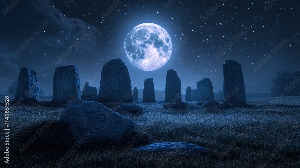 Wall mural mystical full moon glowing above an ancient stone circle, casting long shadows and creating a magica