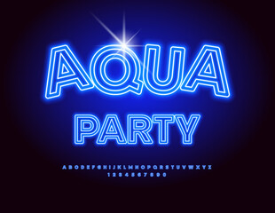 Vector glowing poster Aqua Party. Blue Neon Alphabet Letters and Numbers set. Led Illuminated Font