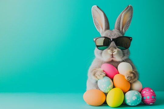 An easter bunny rabbit wearing sunnies, shades, sunglasses holding colourful easter eggs against a turquoise isolated background with room for text.