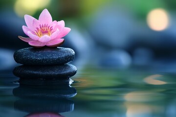 Fototapeta premium Pink flower atop smooth stones, serene water reflection.