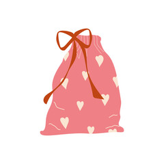 A pink gift bag decorated with hearts and a red bow. Festive Valentine's day gift design. A flat vector illustration isolated on a white background.