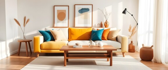 Fototapeta premium Modern Living Room with Yellow Sofa, Colorful Cushions, and Minimal Decor