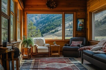 Mountain view room, wooden walls, comfy chairs, rug.