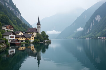 Fototapeta premium beautiful foggy landscape calendar hallstatt village austria september morning view every