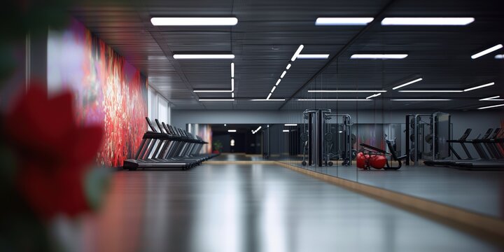 A sleek fitness gym showcasing treadmills, exercise equipment, and vibrant wall art for energetic ambiance.