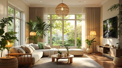 Modern Living Room with Sectional Sofa, Potted Plants, and Natural Light