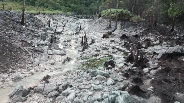 Sulfur Wasteland with Dead Trees Drone Push In