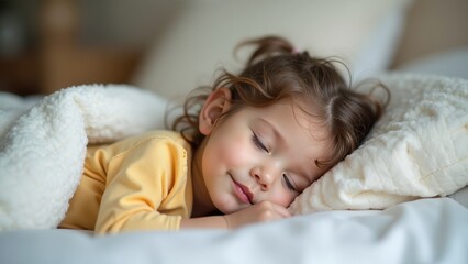 A young child peacefully sleeps under a warm blanket, showing a serene expression. Soft morning light fills the room, creating a calm atmosphere at home