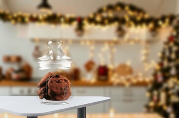 Gingerbread cookies in jar at Christmas tree room background