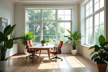 bright office plenty natural light large windows lush indoor