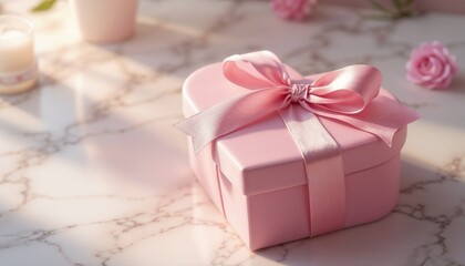 Pink heart-shaped gift box with a ribbon on a marble surface for Valentine’s Day with soft lighting and copy space