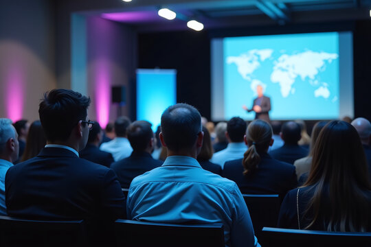 business people watch keynote presentation corporate technology summit