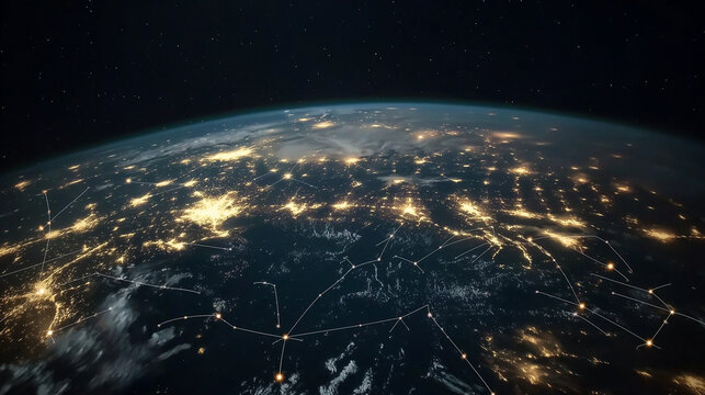 Lichter der modernen St&auml;dte Europas in der Nacht aus dem All betrachtet

