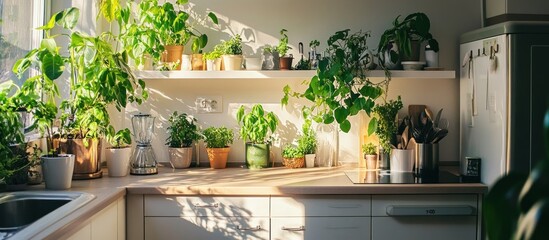A kitchen counter with various plants in pots, some hanging from shelves, a blender, and a white fridge in the background. Sunlight shines through the window creating shadows on the countertop.