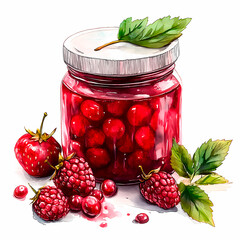 Cherry jam in a glass jar with berries. 