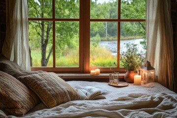 Cozy bed, window view, candles, book, peaceful scene.