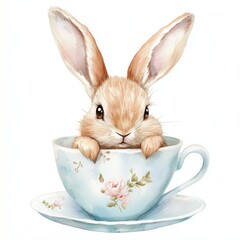 Fototapeta premium Cute rabbit in a teacup, funny illustration, watercolor clip art. 