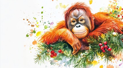 Expressive Orangutan Watercolor Portrait with Festive Holiday Berries