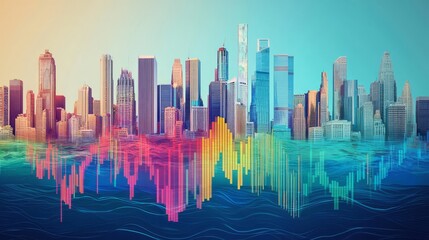 Fototapeta premium Vibrant city skyline with abstract audio wave patterns.