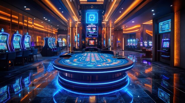 Luxurious casino interior with gaming tables and slot machines under vibrant lighting.