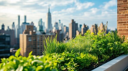 Fototapeta premium A rooftop garden with a view of the city skyline.