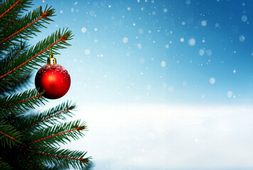 red christmas ornament  on pine tree branches with snowy winter background