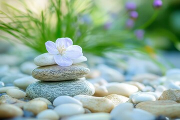 Fototapeta premium Serene stones, delicate flower, tranquil garden setting.