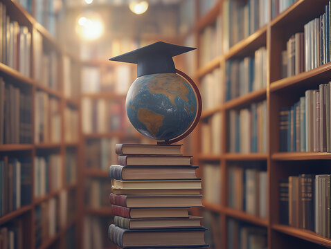 Ein Globus mit Absolventenhut in einer B&uuml;cherbibliothek

