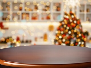 Wooden table top with blur Christmas tree background