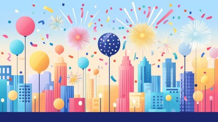 A vibrant city skyline adorned with balloons and fireworks celebrating a festive occasion.