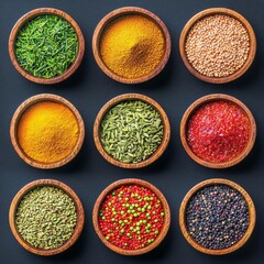 A vibrant display of various spices and herbs in wooden bowls, perfect for cooking.