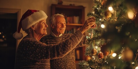 Happy senior couple decorating a Christmas tree with glowing lights in a festive and cozy home