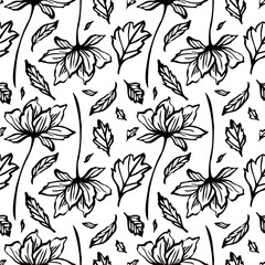Cotton fabric Elegant black and white seamless pattern with hand drawn botanical elements, including flowers and leaves, designed as linear vector art for prints, textiles, wallpaper, packaging, and covers