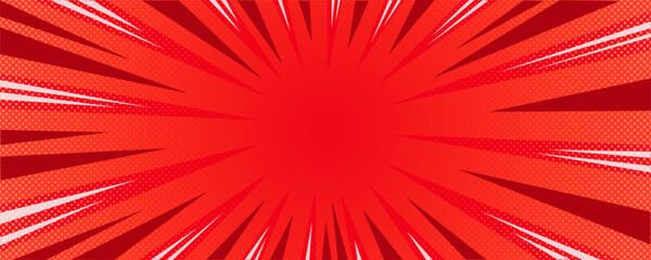 Sun rays red background, starburst anime pop art cartoon or comic, dotted texture and explosion effect or sunburst, halftone gradient, fun and exciting template frame.