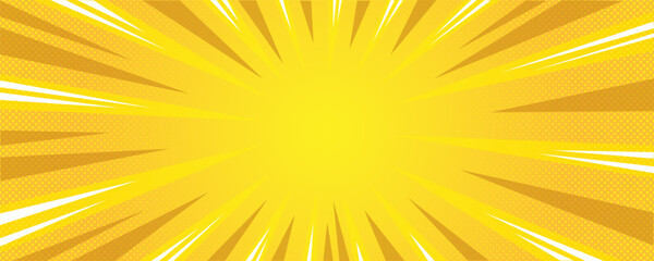 Sun rays yellow background, starburst anime pop art cartoon or comic, dotted texture and explosion effect or sunburst, halftone gradient, fun and exciting template frame.
