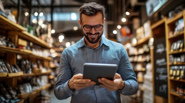 Business owner reviews data in the tablet between shelfs in the store