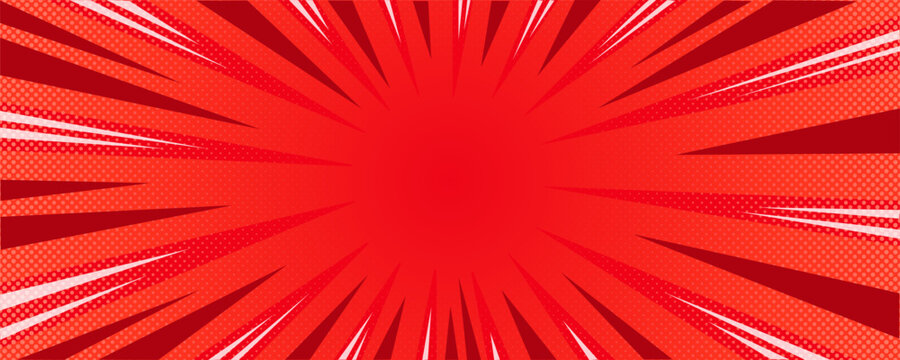 Sun rays red background, starburst anime pop art cartoon or comic, dotted texture and explosion effect or sunburst, halftone gradient, fun and exciting template frame.