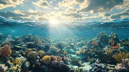 Obraz premium Coral Reef, Ocean, Sunlight, Underwater, Sea, Marine Life, Tropical Fish, Seascape, Ecosystem, Aquatic