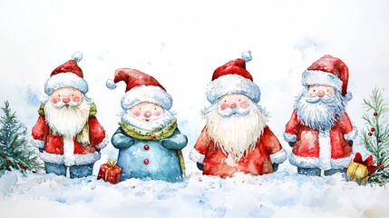 Whimsical Watercolor Christmas Scene: Santa and Elves in a Snowy Wonderland