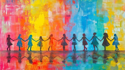 Fototapeta premium This vibrant Feminism illustration celebrates unity and strength among women, showcasing figures holding hands against a colorful background. Perfect for International Women's Day themes.
