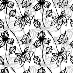 Seamless monochrome botanical illustration with floral line art, showcasing hand drawn flowers and leaves in black and white, suitable for covers, textiles, wallpapers, prints, and packaging