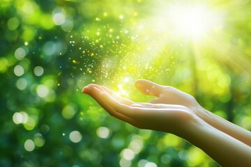 Hands hold glowing particles, nature backdrop.
