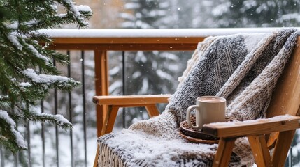 A cozy chair with a blanket and a mug of hot cocoa on a snowy balcony 