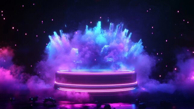Cylinder flying podium with neon glowing abstract geometric shapes on wall and smoke clouds. Realistic 3d vector illustration of purple and blue luminous hi tech product platform on dark background. - Powered by Adobe