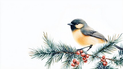 Obraz premium Watercolor Bird on Pine Branch with Berries