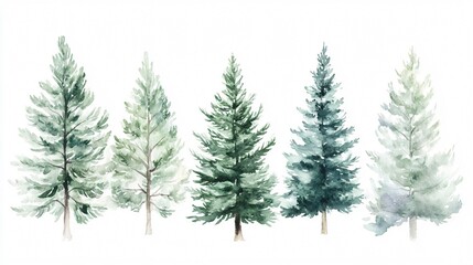 Fototapeta premium Watercolor Painting of Five Evergreen Trees on White Background