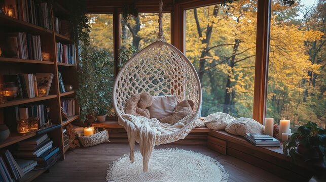A cozy reading nook with a macrame hanging chair, a bookshelf full of books with autumn forest view outside window 