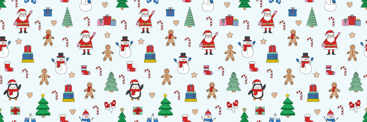 Christmas background. Seamless pattern design with hand drawn ornaments. Vector illustration